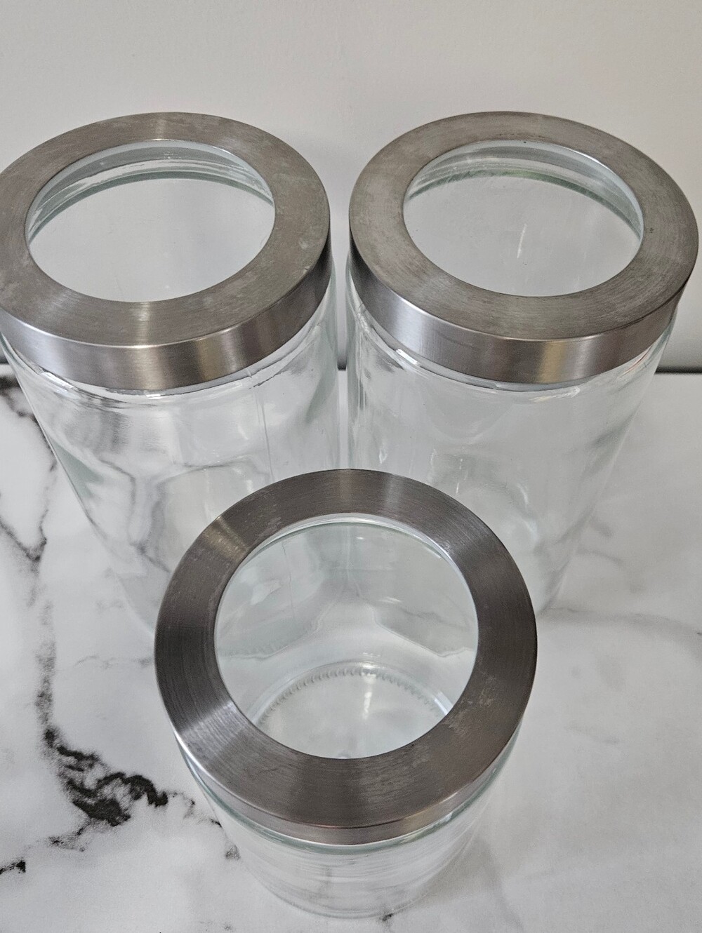 Crate&Barrel Glass Storage Canisters w/ Brushed Stainless Steel Lids (3Pc Set) - Picture 2 of 2